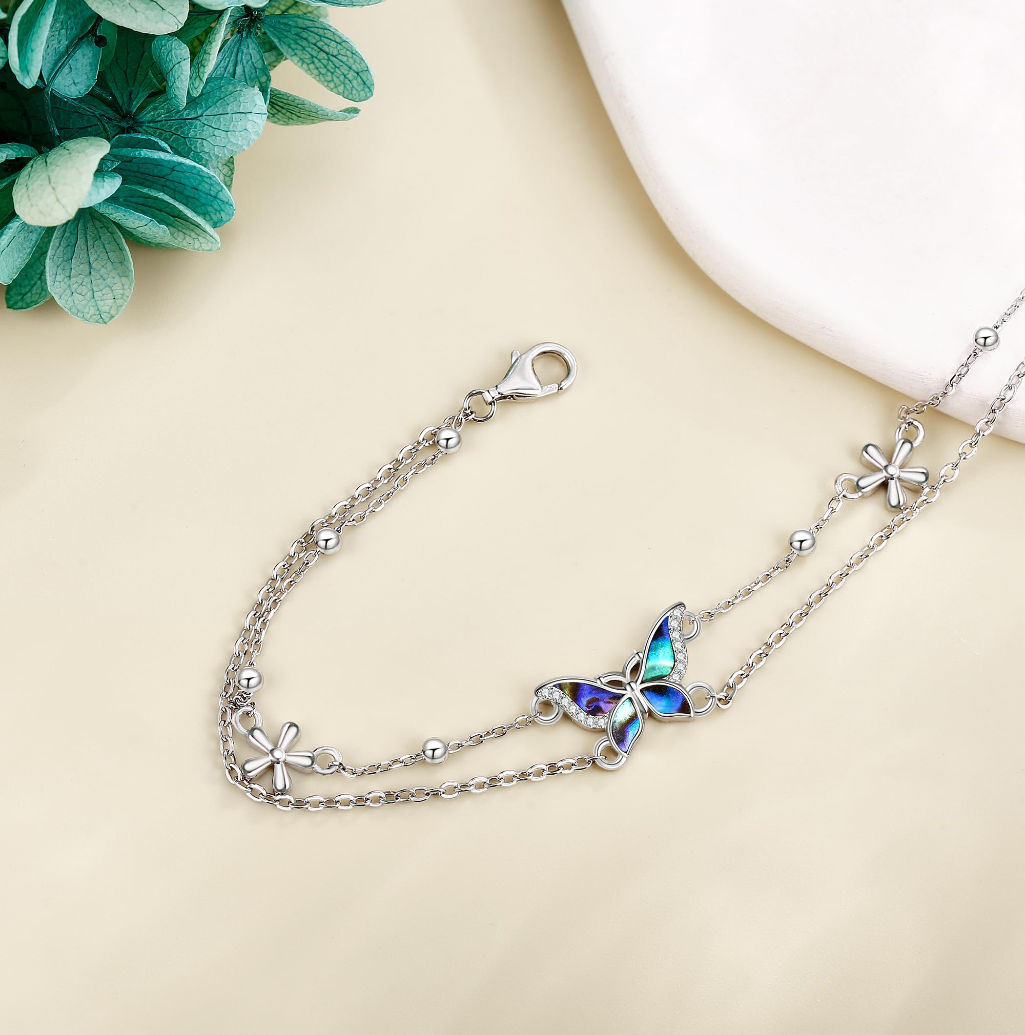DAYLINLOVE Doppellagig Insekt Vogel Armband 925 Sterling Silber Schmetterling/Biene/Pfau/Libelle/Eule/Motte/Kolibri/Taube Armband Abalone Muschel Schmuck Geschenke für Damen Mädchen
