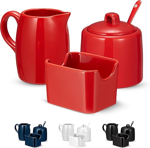 Kook Juego de azúcar y crema, 3 piezas, jarra, azucarero con tapa y cuchara, soporte para edulcorantes (rojo)