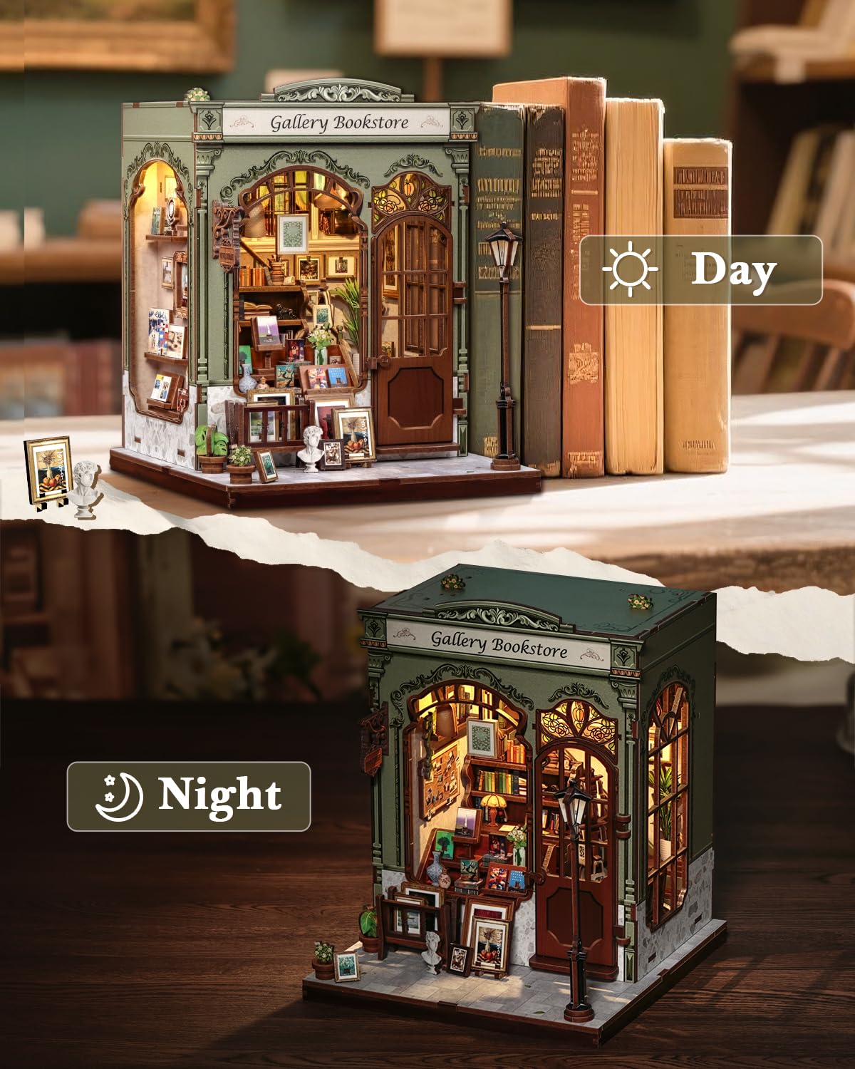 CUTEBEE Book Nook Kit - Casa delle Bambole Fai da Te da Costruire, Una Casa in Miniatura Retro e Artistica, Sottolibri in Legno 3D, Decorazione per Libreria, Regali (Gellery Bookstore)
