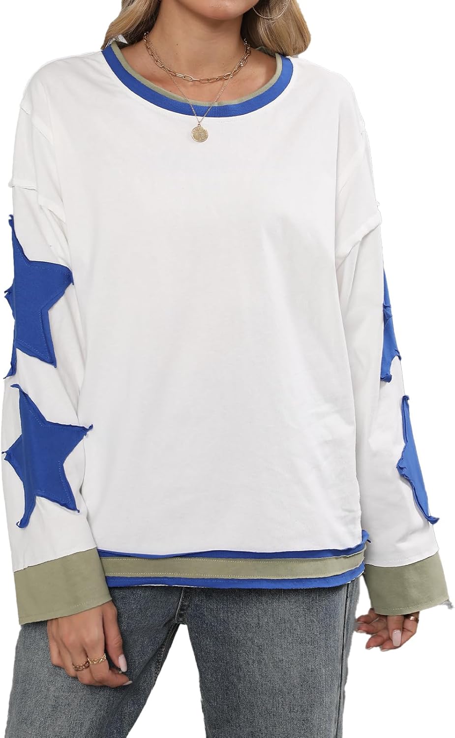 ABYOVRT Women Oversized Sweatshirt Star Graphic Drop Shoulder Sloutchy Fit Pullover Tops Y2k Long Sleeve Shirt