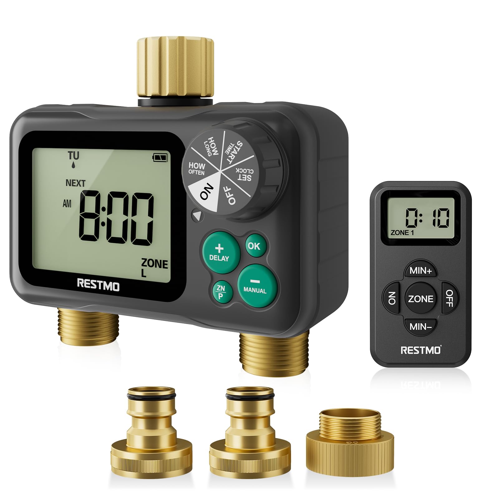 RESTMO Computer di Irrigazione a 2 Zona con Chip RF e Telecomando | Automatico/Manuale/Ritardo della Pioggia, Timer di Irrigazione, Per Tubo da Giardino, Rubinetto dell'Acqua Esterno, Prato