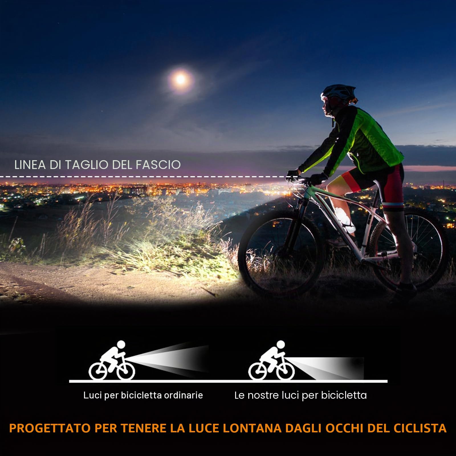 Vinabo Kit Luci Bicicletta - Faro e Fanale Posteriore, Ricarica USB, Impermeabile IPX6, 6 Modalità di illuminazione, Leggero e Resistente, Adatto a Tutte le Biciclette e a Varie Condizioni di Guida