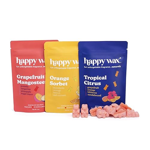 Happy Wax Citrus Mix Natural Soy Wax Melts - 6oz Total - Three 2oz Pouches Including Tropical Citrus, Orange Sorbet & Grapefruit Mangosteen - Citrus Mix