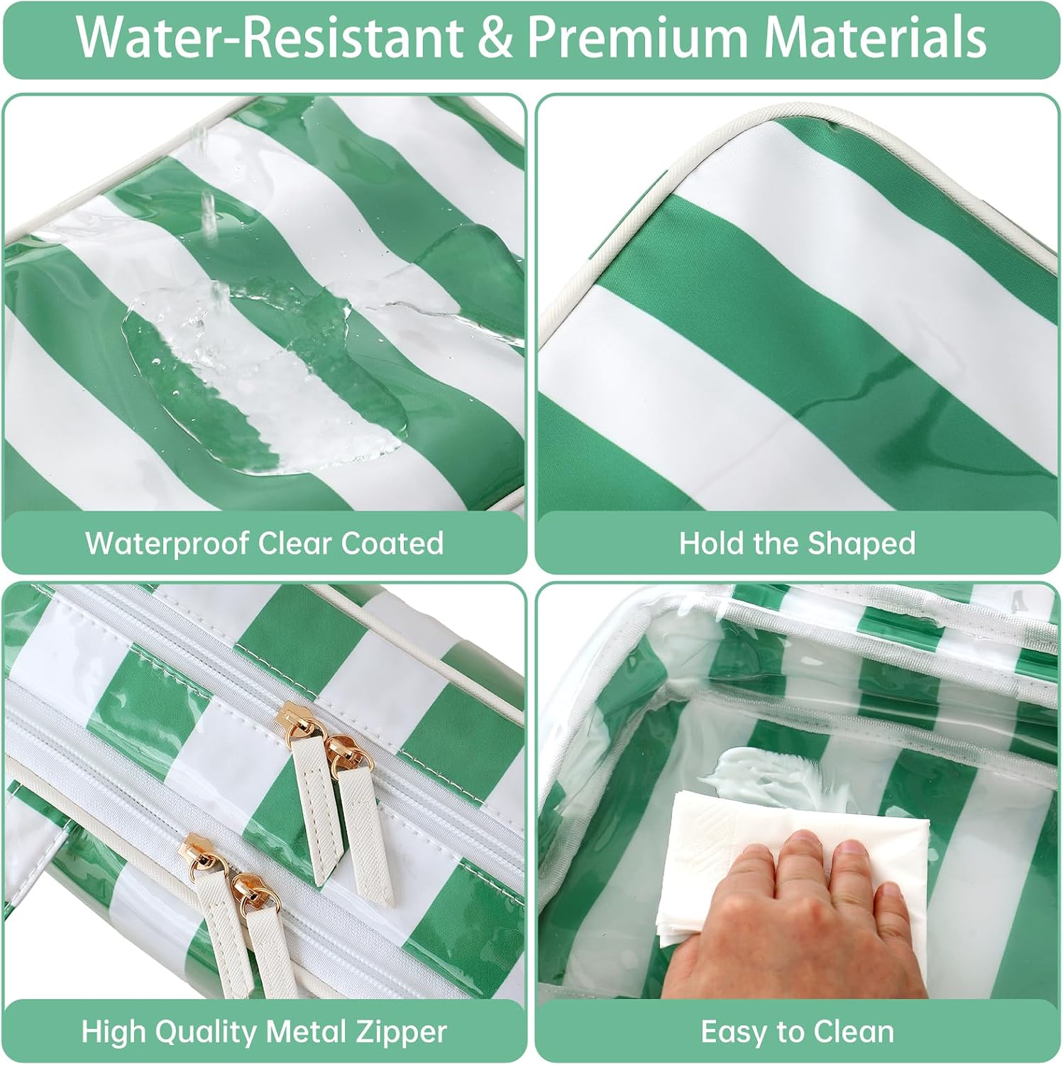 Travel Toiletry Bag for Women, Waterproof Clear Coated Portable Stripe Makeup Cosmetic Bag with Compartment, Travel Organizer for Shampoo, Conditioner, Brushes Set,Cosmetic Accessories(White-Green)