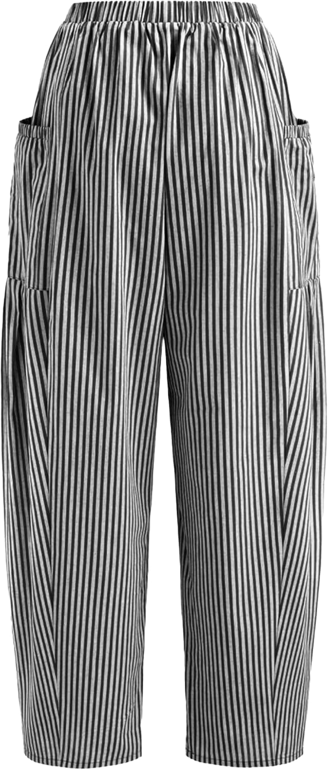 Yeokou Women Wide Leg Pants Casual Striped Cotton Mid Rise Drawstring Palazzo Trousers with Pockets - Image 6