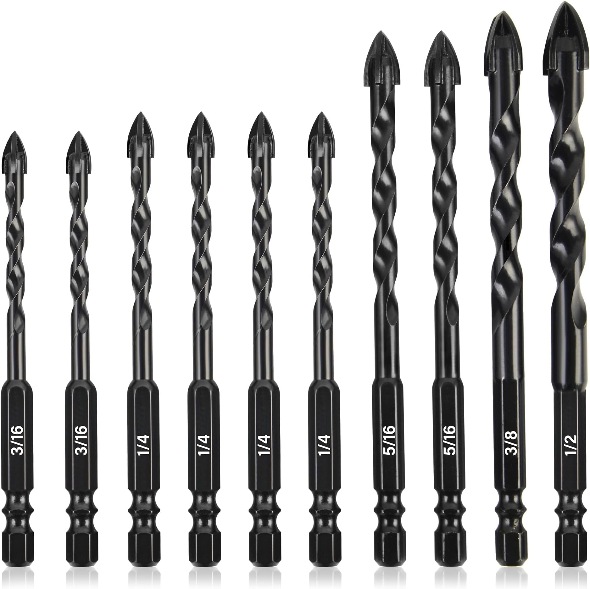 KENDO 10PCS Cement Drill Bit Set, 3/16"-1/2" Masonry Drill Bits Set, Tungsten Carbide Tip, Professional Concrete Drill Bit Set for Cement, Brick, Tile, Wood, Plastic, Glass and Ceramic Tile