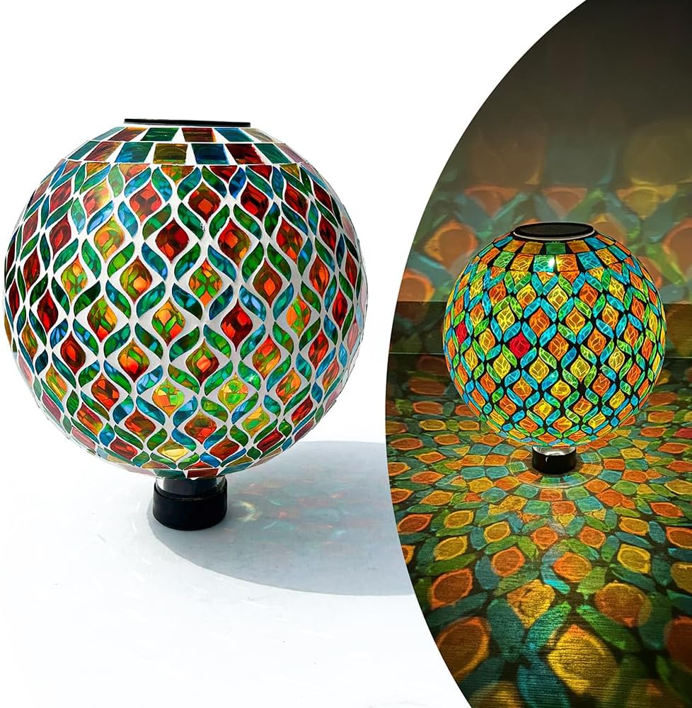 Lily's Home 10” Gazing Ball with Solar Light - Eco-Friendly Outdoor Decor - Automatic On at Dusk & Off at Dawn - Mosaic Globe for Garden, Yard, Patio - Solar Powered Illumination - Gift for Gardeners
