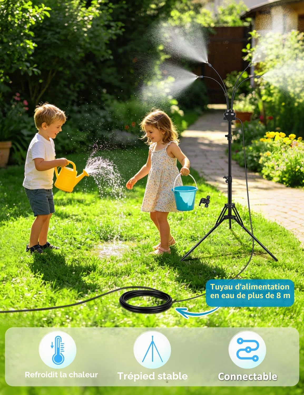 Brumisateurs debout pour terrasse extérieure, système de brumisation à hauteur réglable de 1,6 m pour refroidissement extérieur, brumisateur d'eau portable avec une ligne de brumisation de 8,07