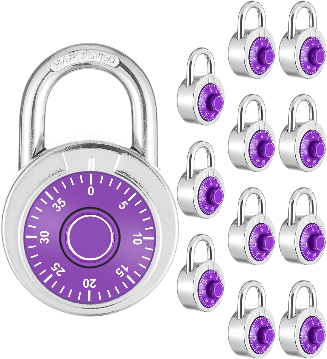 Combination Padlock 12 Pack, 50 mm (2") Purple Dial Fixed Dial with Different Combinations,for Gym & Locker,School,Toolbox,and More