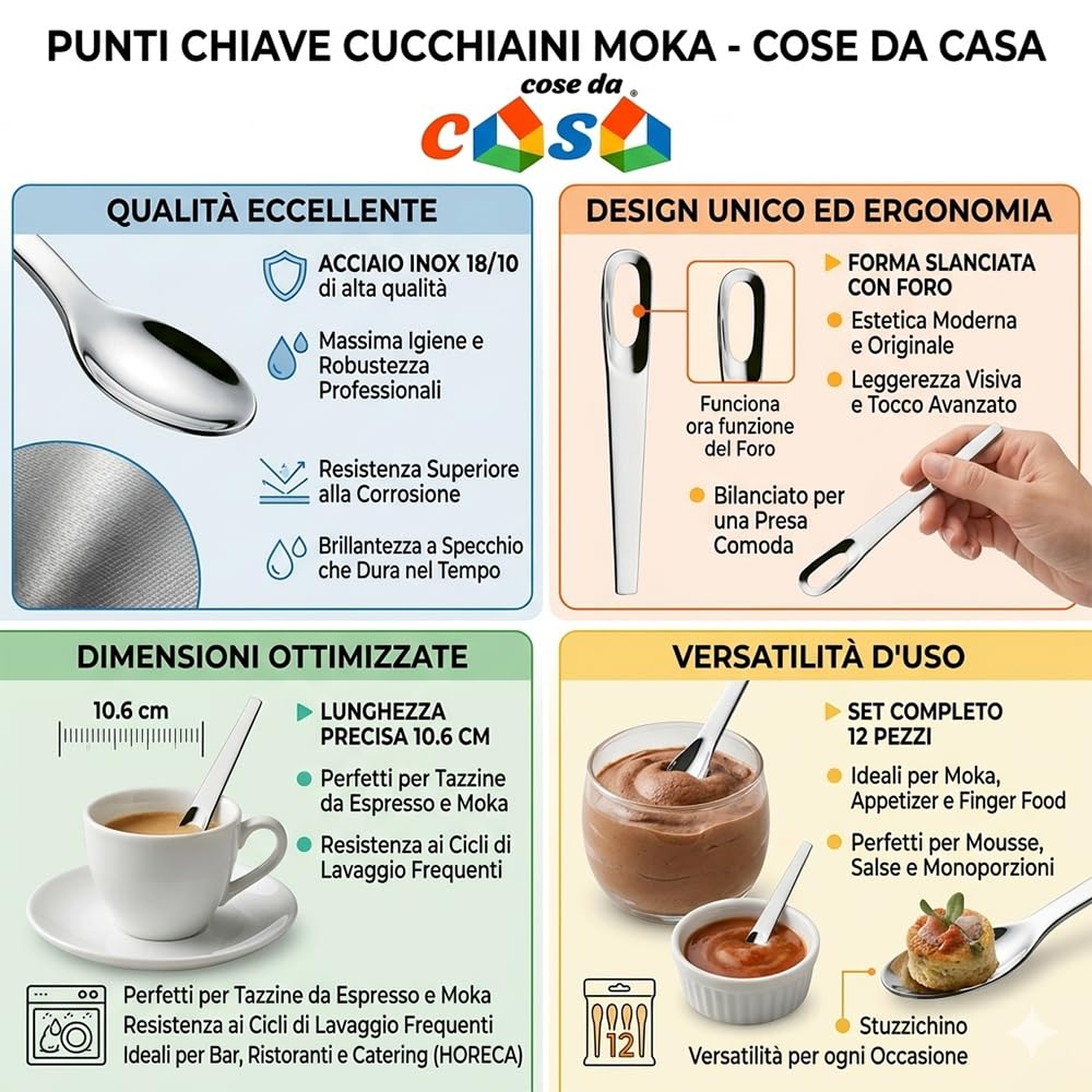 Set 24 Cucchiaini da Caffè Moka e Appetizer in Acciaio Inox 18/10 Design Moderno Minimal 12 con Foro + 12 Classici Lunghezza 10,6 cm Ideale per Bar Catering e Casa STILE QUALITA ELEGANZA MADE IN ITALY