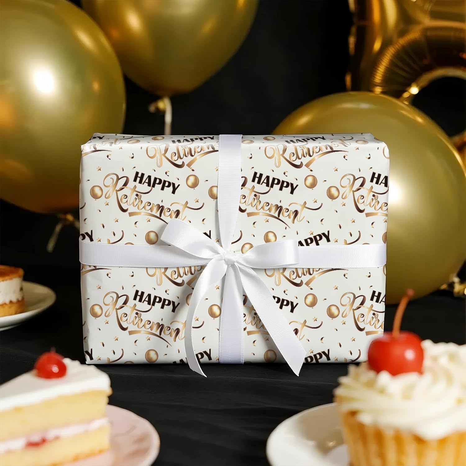 RUSPEPA Happy Retirement Wrapping Paper Roll for Men Women, Mini Roll, Gold Balloons, Stars and Confetti Design Gift Wrap for Birthday, Retirement Party, Farewell Celebration, 17 Inches x 16.4 Feet image 4