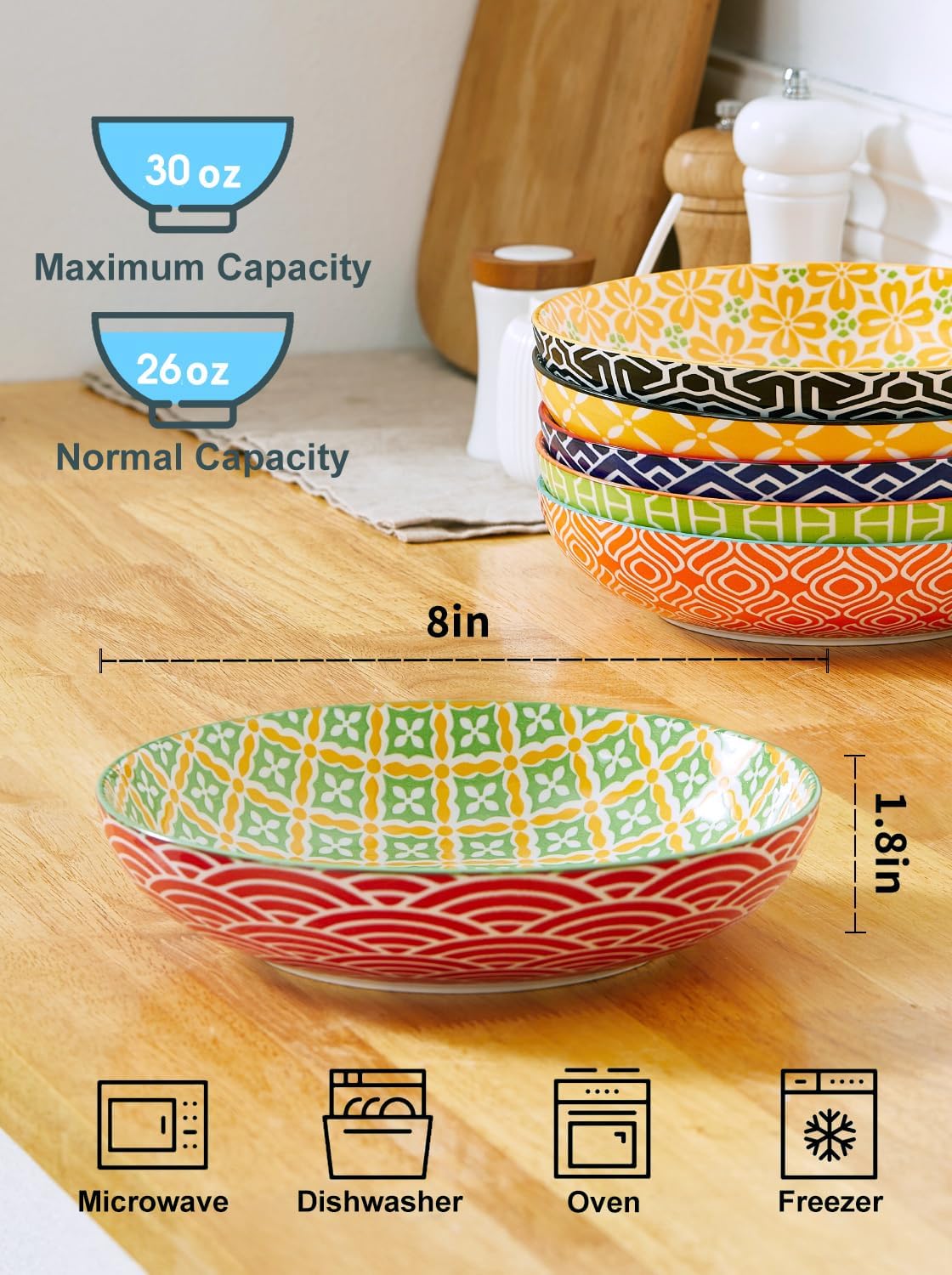 Pasta Bowls Set of 6, 8 Inch Ceramic Salad Bowls, 30 Oz Wide and Shallow Bowl for Kitchen, Serving Dish Plate for Pasta, Salad, Soup, Vibrant Color