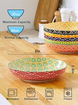 Metahom Ceramic Pasta Bowls Set of 6, 8 Inch Salad Shallow Bowls 30 Oz