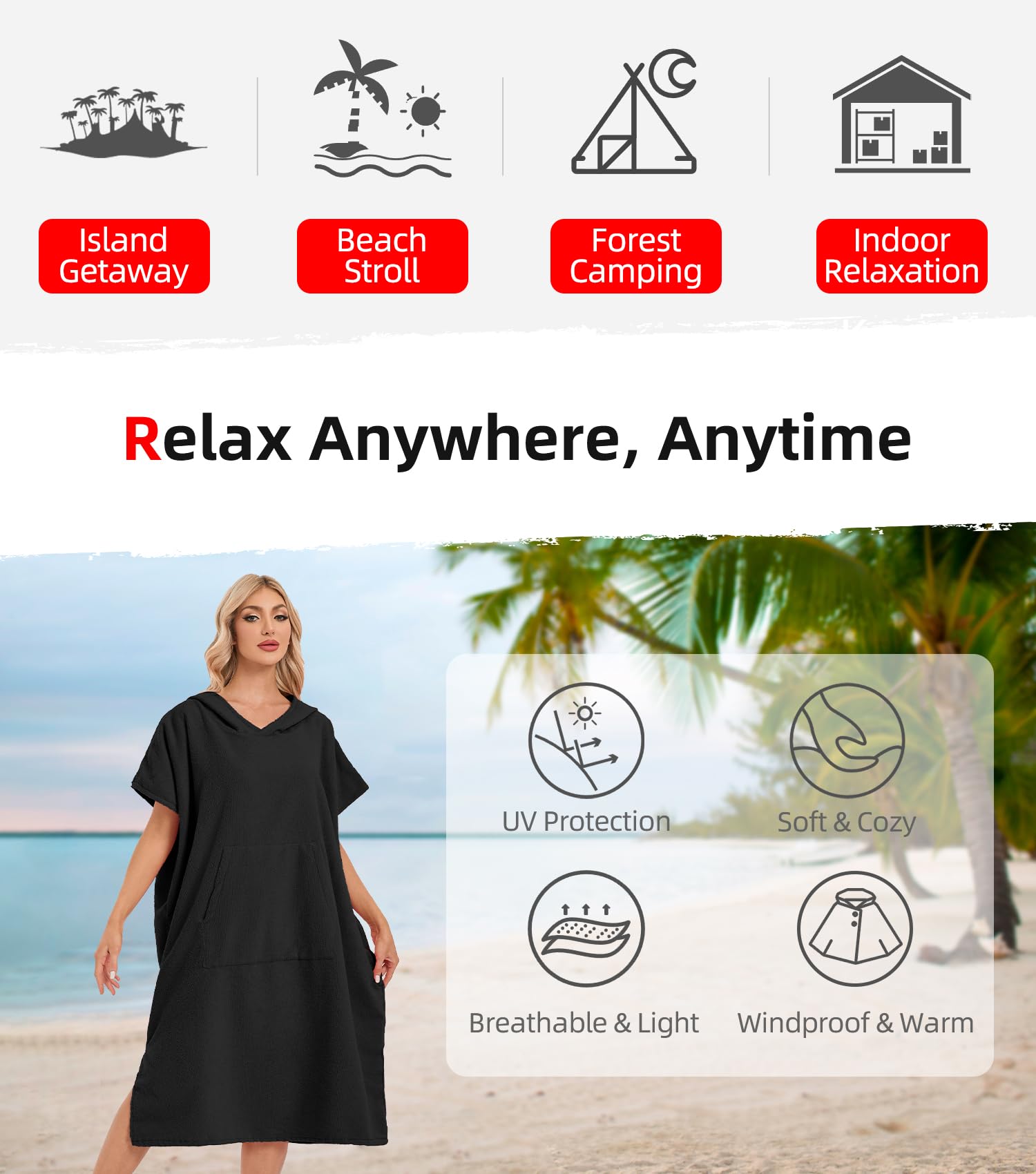 Abahub Poncho de Surf con Capucha de Microfibra,Poncho de Baño para Hombre y Mujer,Poncho Toalla para Cambiarse,Absorbente, Ligero y de Secado Rápido,Ideal para Playa, Piscina, Surf, Ducha y Casa,L
