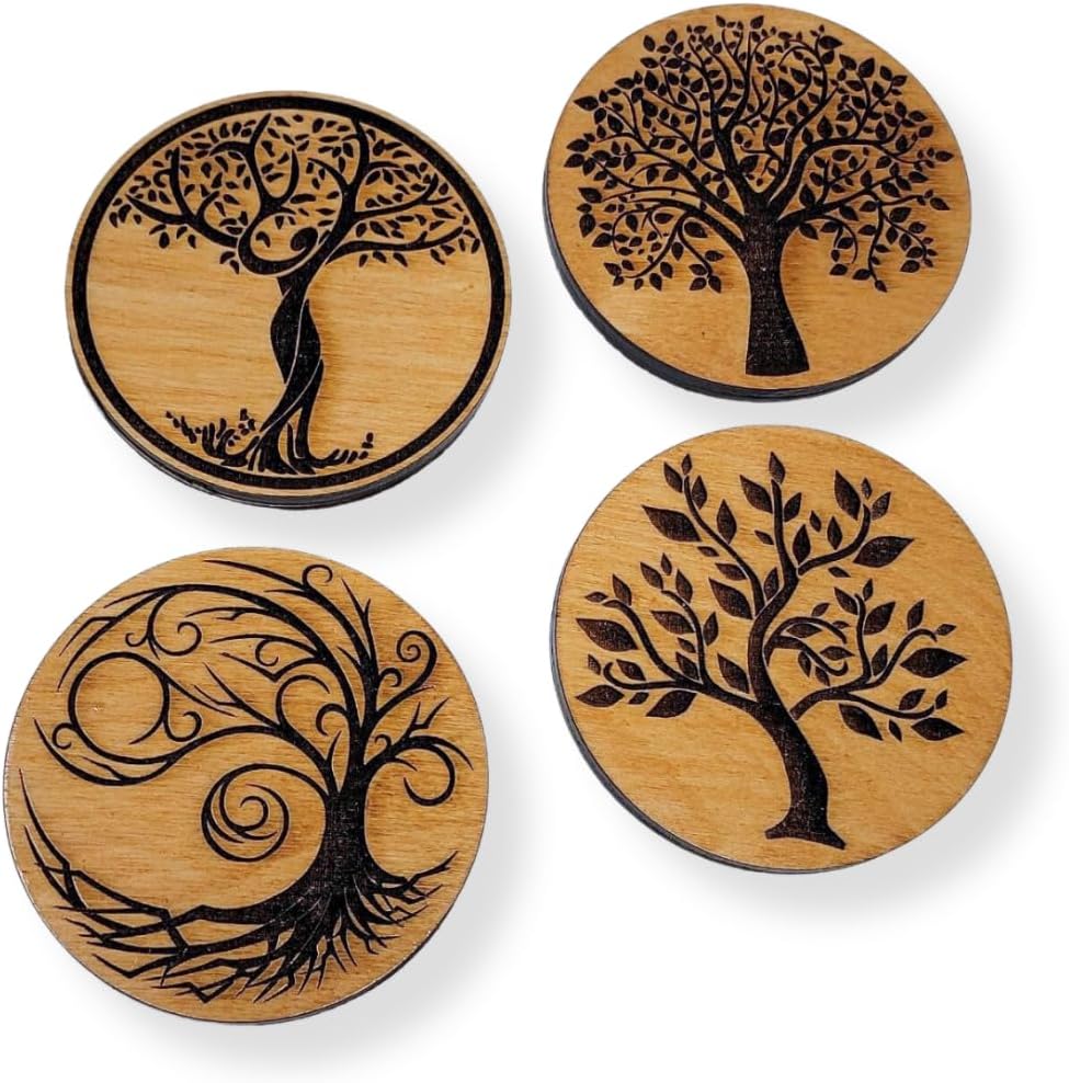 Rustic Wood Coasters for Nature Lovers | Tree of Life Decorative Set 4pc | Coffee Table Decor | Modern Birch Wood Round Coasters with Felt Bottom