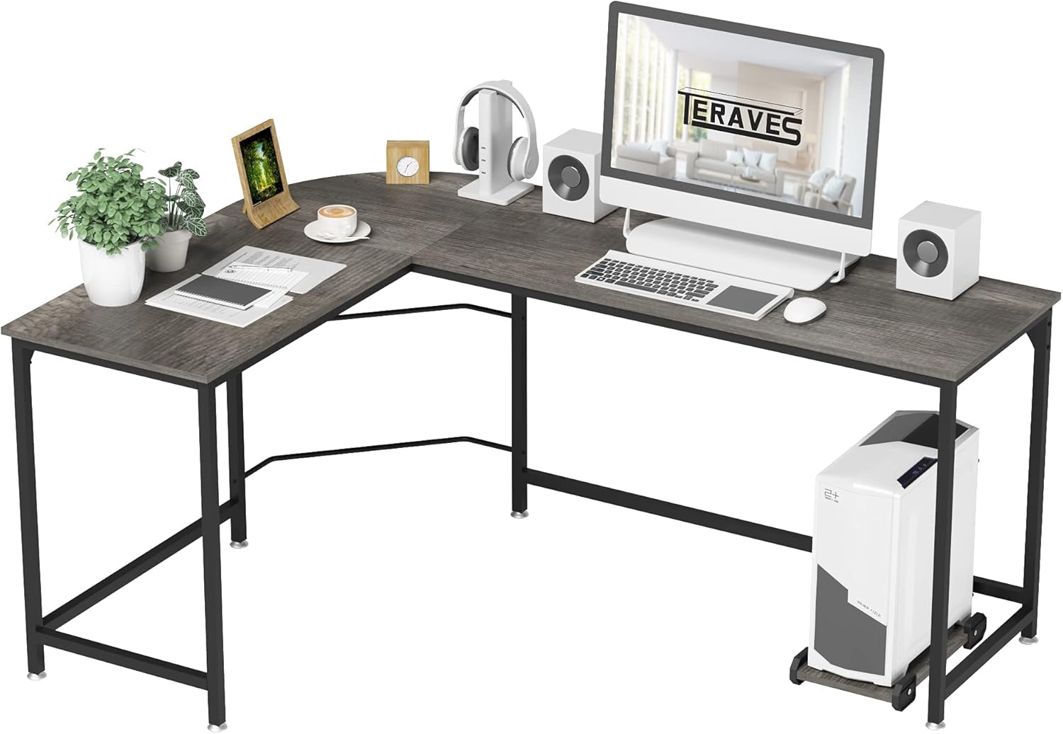 Teraves Reversible L Shaped Desk, 66.1" Gaming Desk, Corner Desks for Home Office, Space Saver