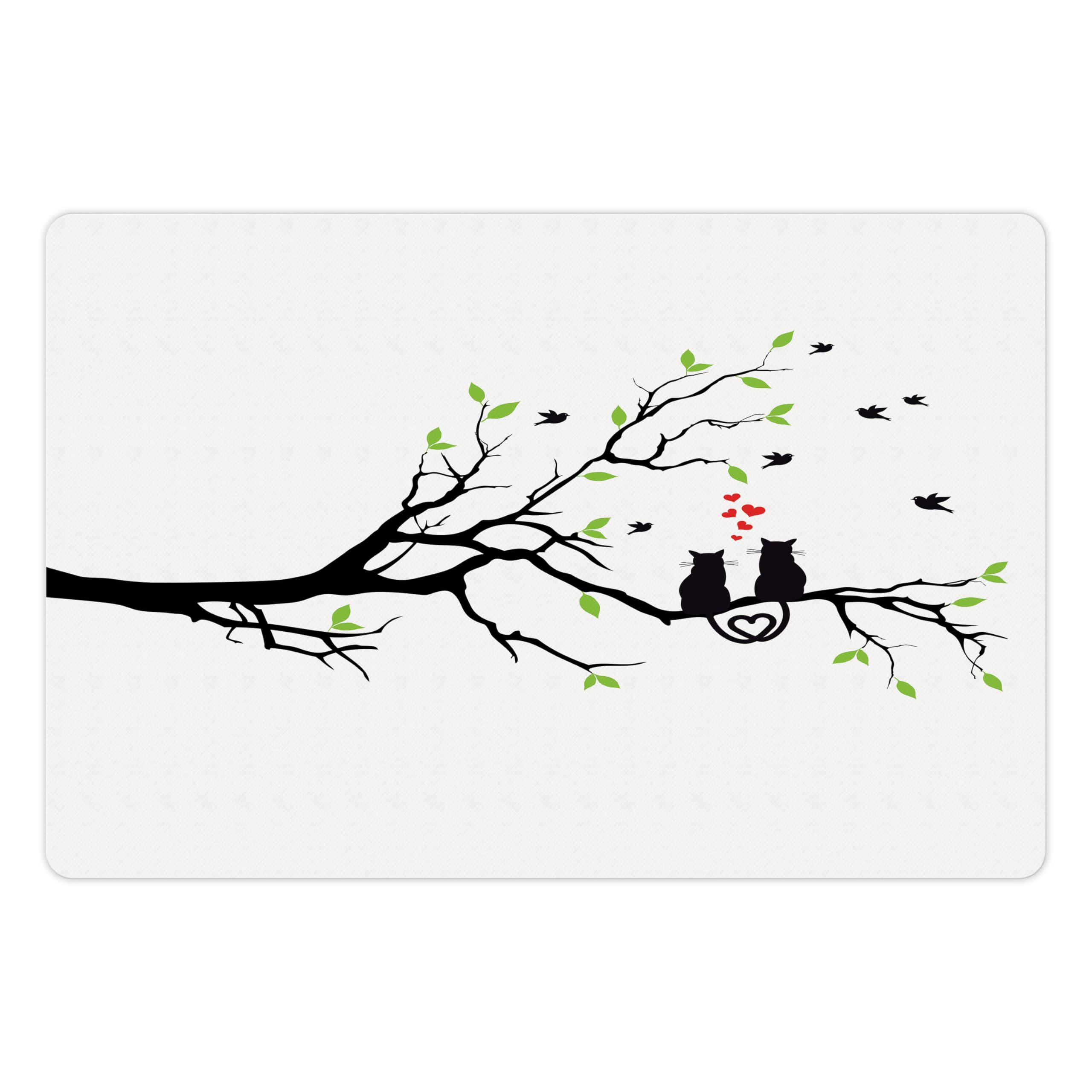 Lunarable Cat Lover Pet Mat for Food and Water, Animals in Love on Tree Branch Flying Birds Nature Romance Illustration, Non-Slip Rubber Mat for Dogs