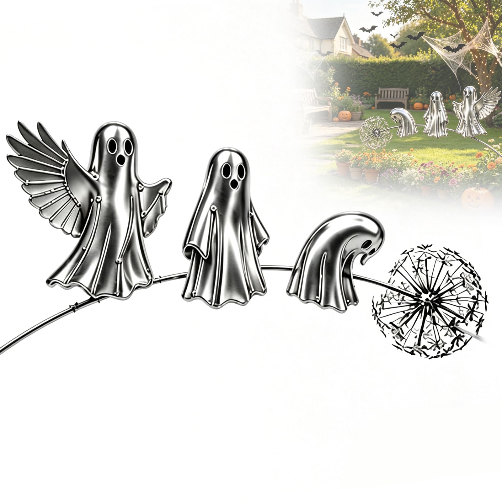 OEHUG Halloween Ghost Metal Garden Stakes with Dandelion Accent (Ghost)