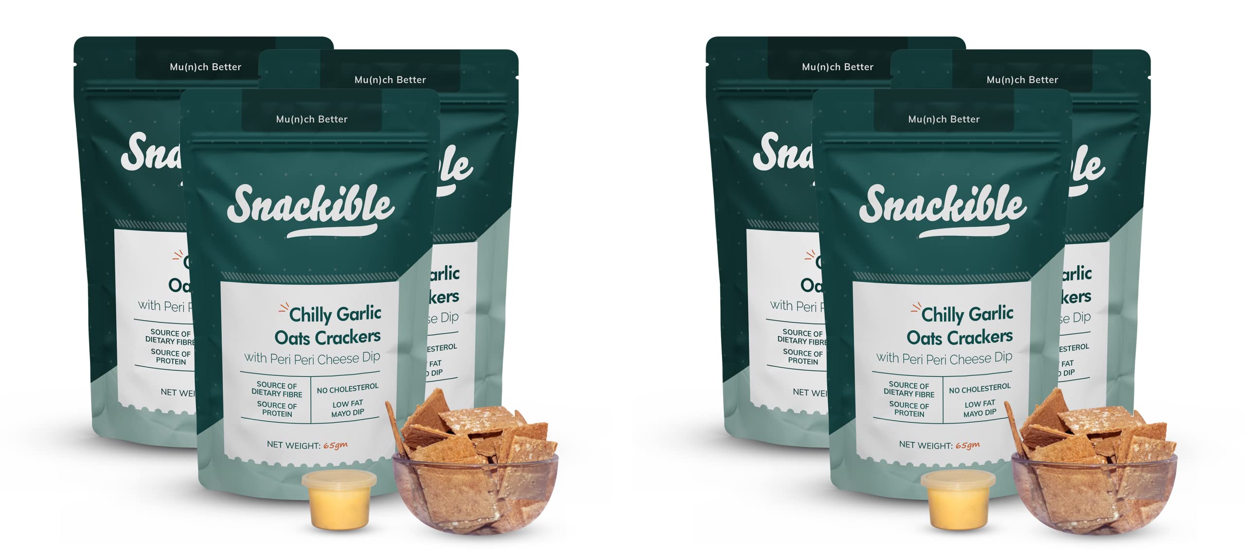 Snackible Chilly Garlic Oats Crackers with Peri Peri Cheese Dip (Pack of 6) - 6x65gm | Low Fat Mayo Dip | Rich in Protein | Rich in Dietary Fiber | No Refined Sugar | No Maida