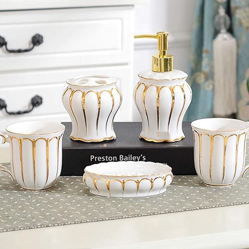 Miniatura 5 de Juego de 5 piezas de decoración de baño de cerámica, diseño de cerámica dorada, juego de accesorios de baño de estilo retro europeo para regalo,