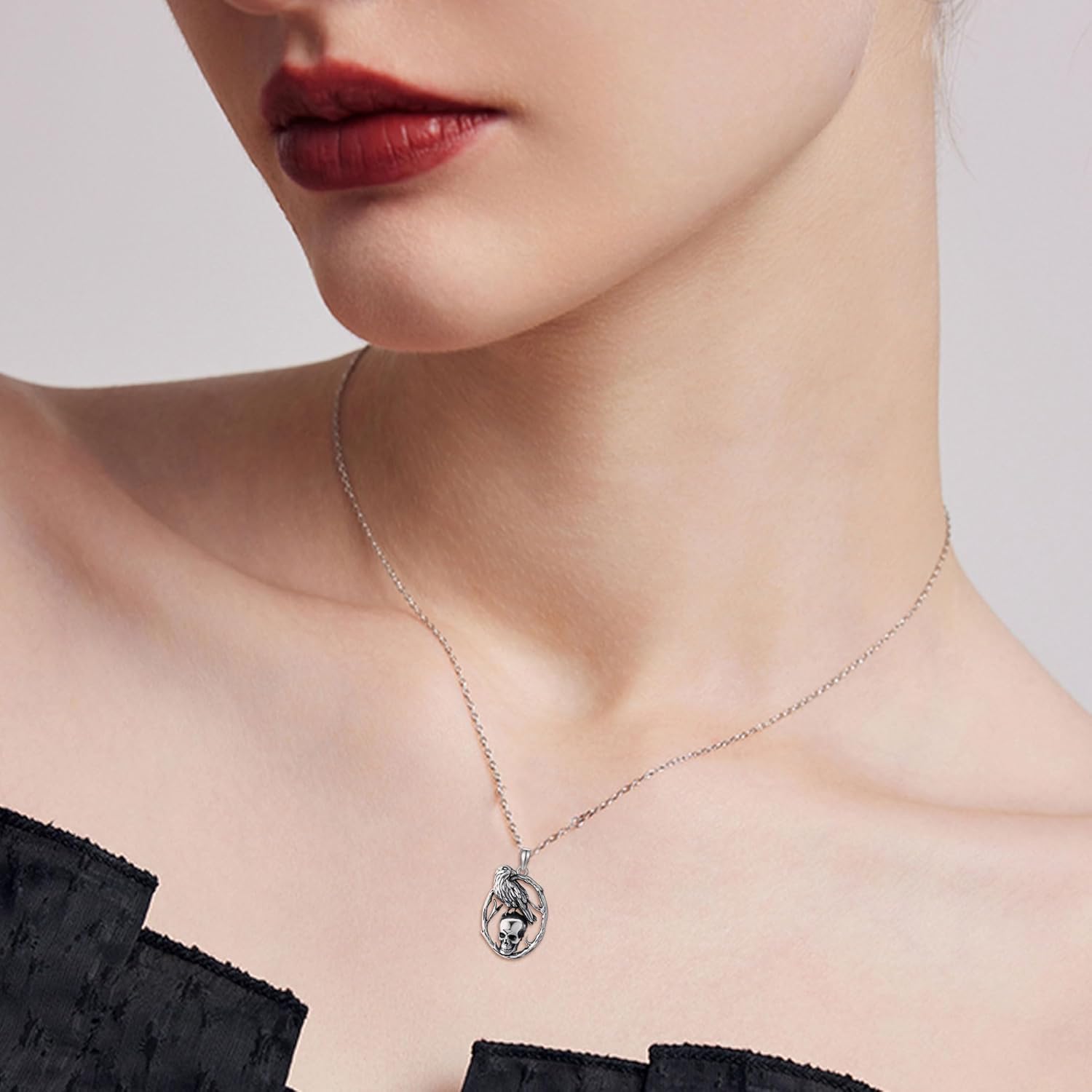 Raven Necklace 925 Sterling Silver Skull Necklace Gothic Crow Pendant Animal Jewelry