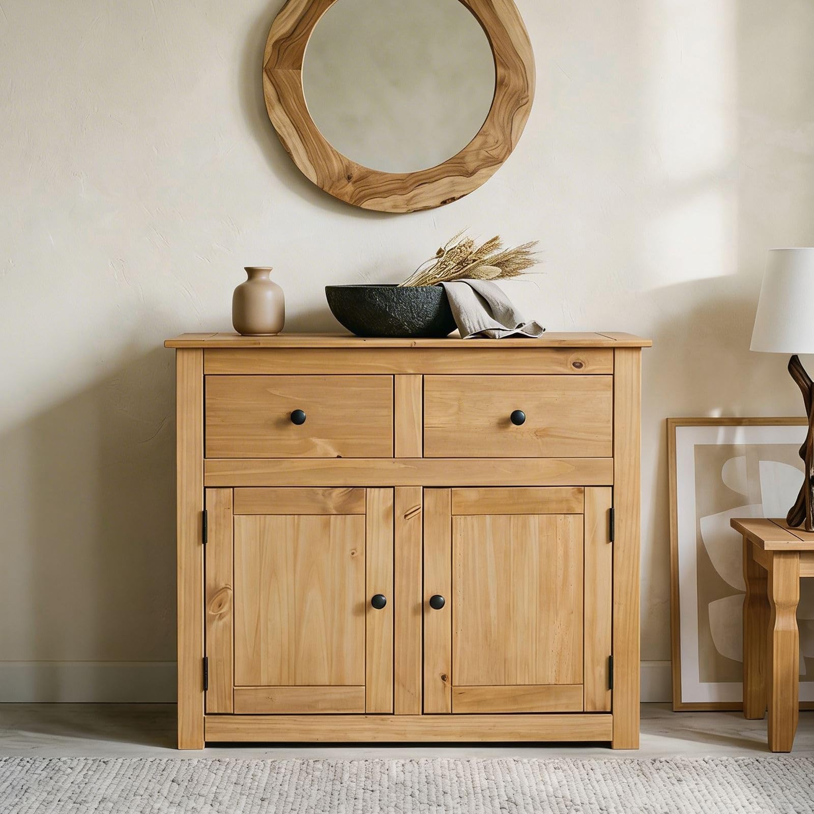 Buffet salle à manger CANCUN L 93 cm en bois massif finition laquée avec 2 portes et 2 tiroirs, meuble de rangement bas style maison de campagne bahut vaisselier commode pratique 93 x 80 x 40 cm