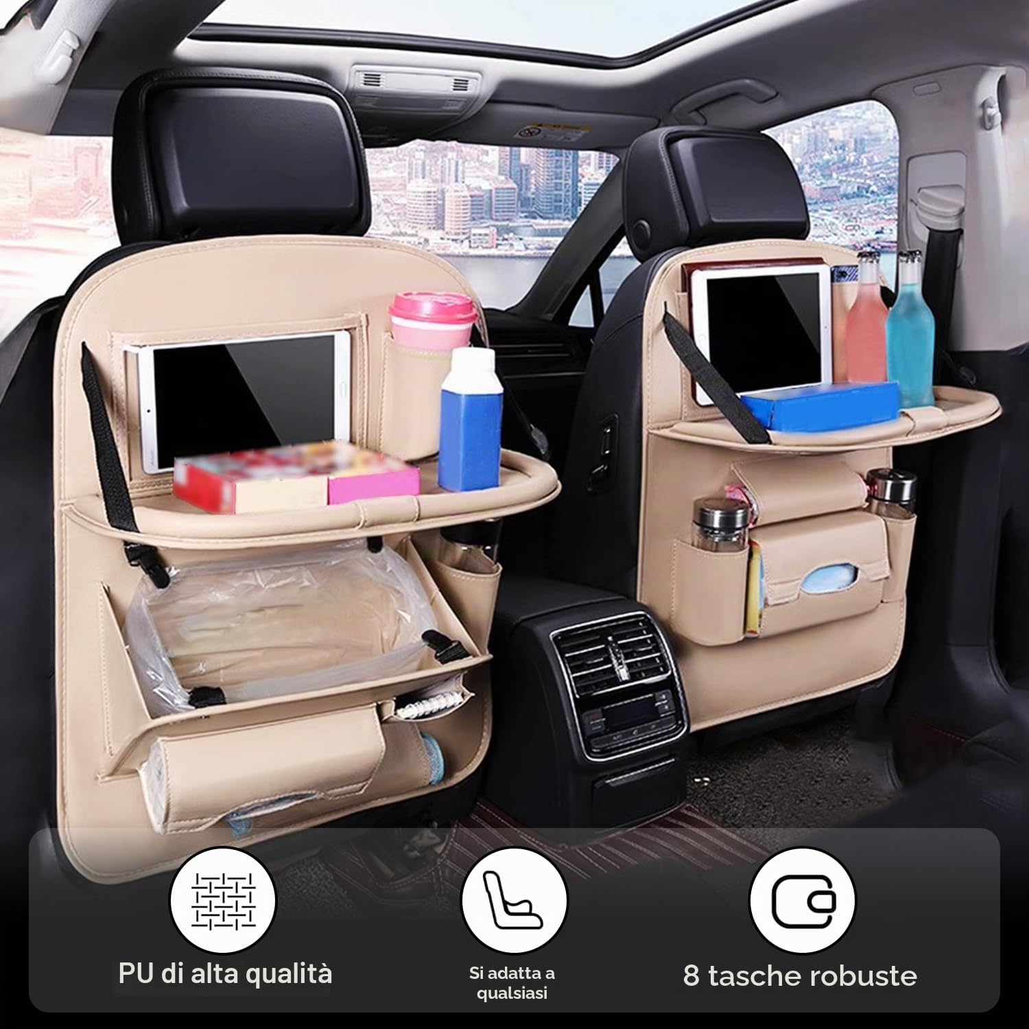 2 pz Organizer per Sedili Auto, Protezione Sedile Posteriore Auto, PU Impermeabile Anti-Calcio Multifunzionale, con Tavolino Pieghevole Scomparto per Tablet, 8 Tasche, Beige