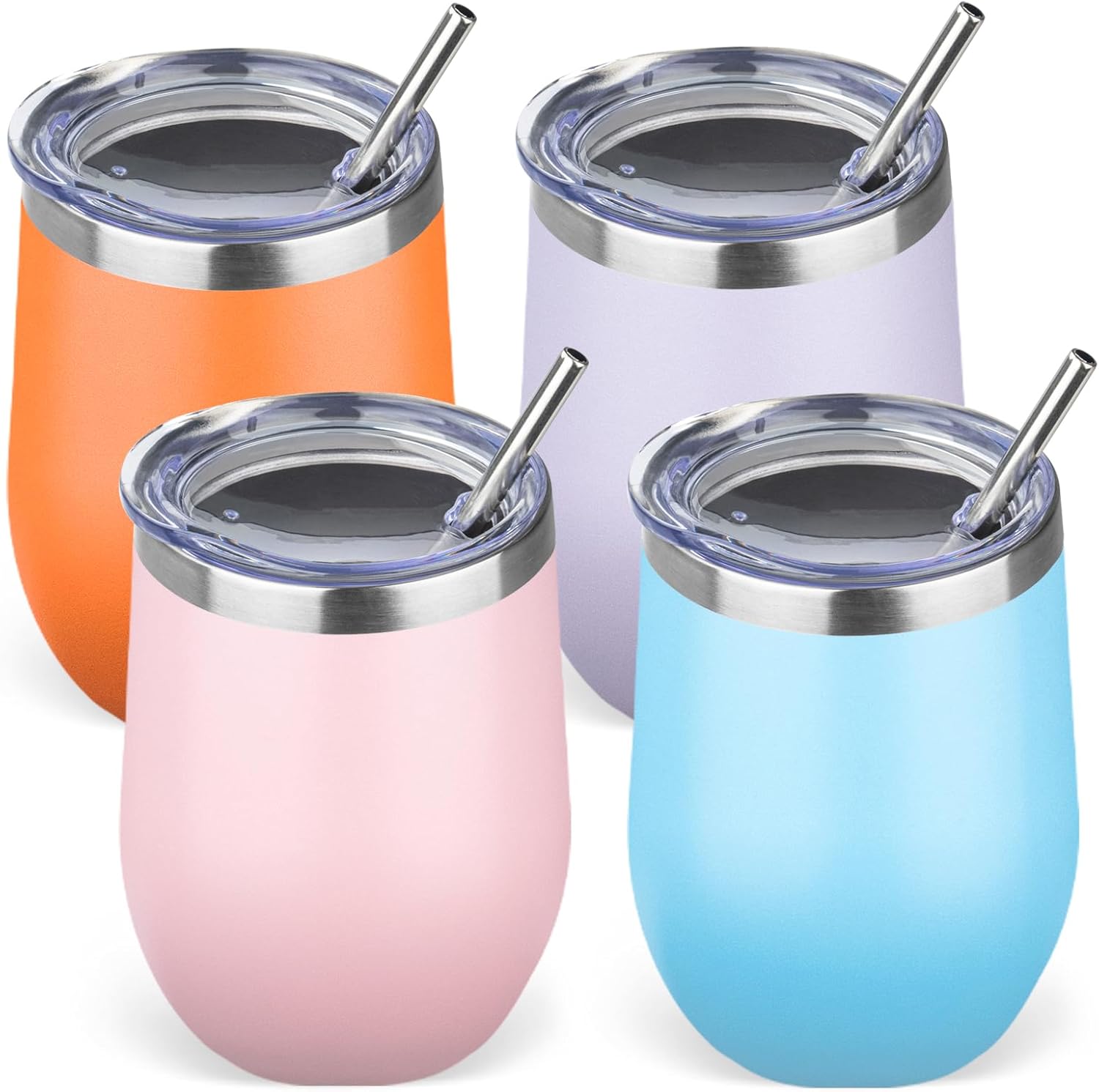 12oz/4 Pack Stainless Steel Wine Tumbler with Lid and Straw, Double Wall Vacuum Ins...