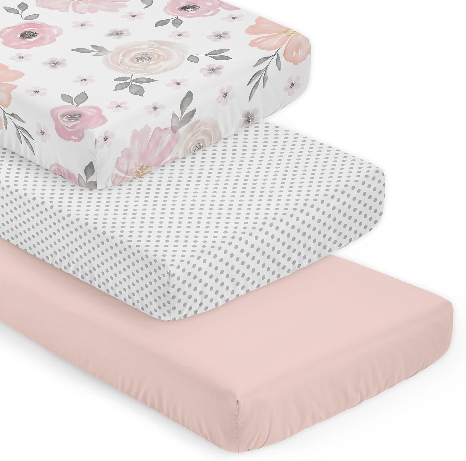 Sweet Jojo Designs 3-Piece Baby Crib Sheets Set (Pink Boho Floral) for Girls, Infant Nursery, Toddler Room - Fitted, Standard Size (Solid Blush, White & Grey Polka Dots & Bohemian, Shabby Chic, Rose)