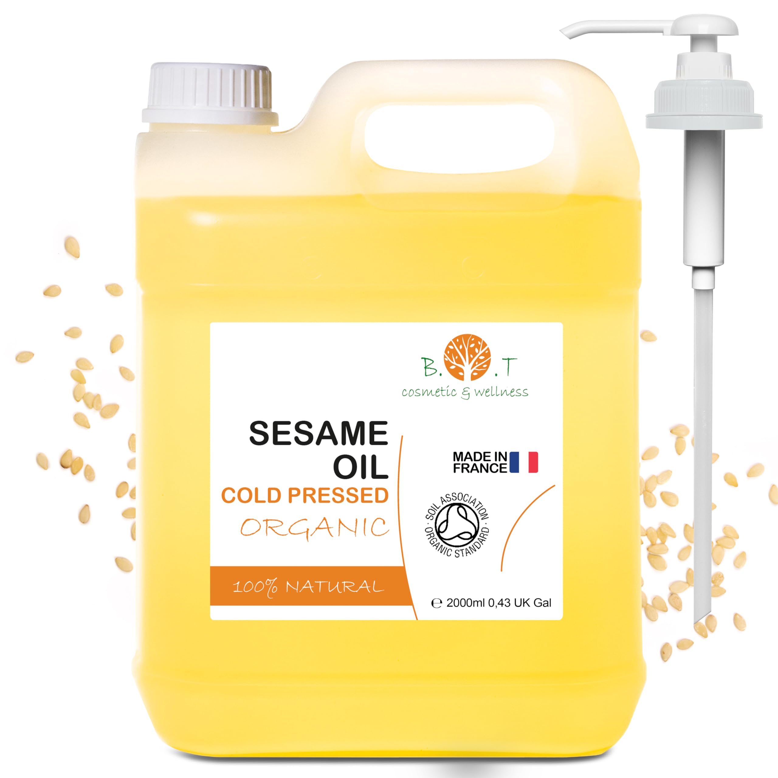 100% reines und natürliches Bio-Sesamöl, das aus der Kaltpressung von Sesamsamen gewonnen wird. Zertifiziert biologisch. Haut- und Haarpflege. Ayurveda Massageöl - 2000 ml 2 L