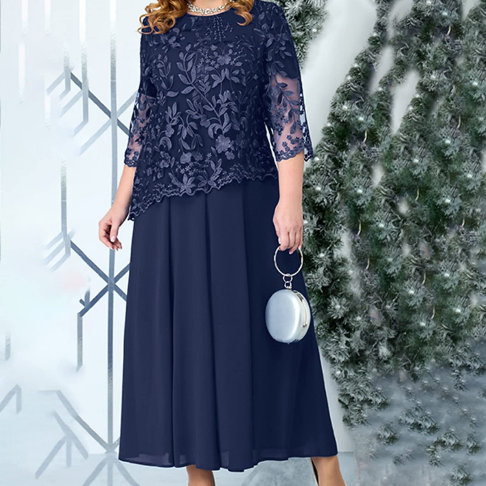 FUPODD Abendkleider Elegant Für Hochzeit Spitzenkleid Mit Lochstickerei Kleid Hochzeitsgast Brautmutterkleider Große Größen Lang Abendkleid Frauen Spitze Chiffon Cocktailkleid Festliche Kleider Maxi