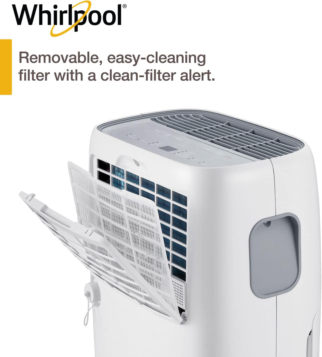 Close-up of the removable, easy-cleaning filter with a clean-filter alert icon
