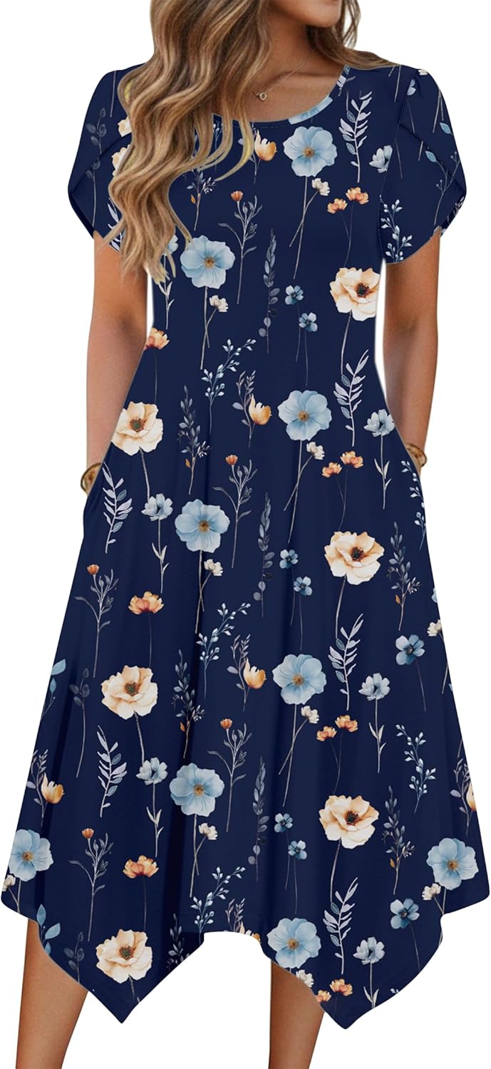 Zeagoo Womens Casual Dress for Summer Short Sleeve Loose Flowy Beach Dress with Pockets Hankerchief Flare Midi Sundress 2026