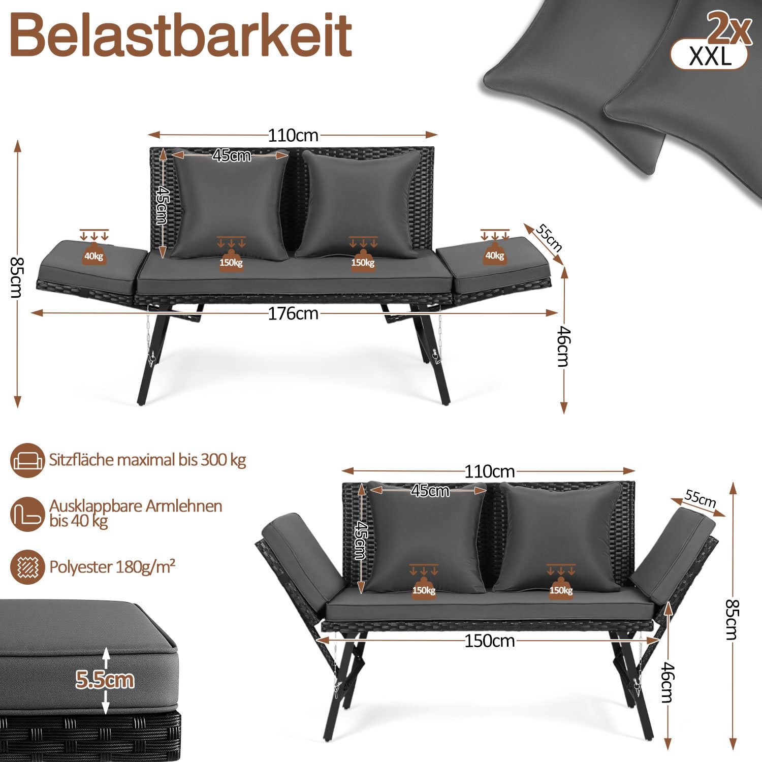 Panchina da giardino in polyrattan 3 in 1 con funzione sdraio, divano da balcone a 2 posti, pieghevole, braccioli pieghevoli, rivestimenti rimovibili, mobili da salotto per giardino, balcone