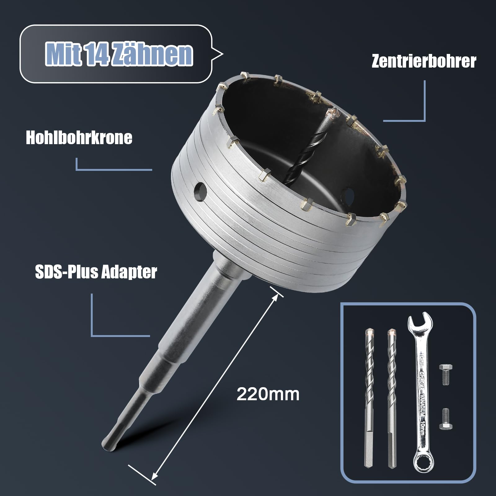 Kit couronne de forage de 125 mm avec adaptateur SDS plus de 220 mm et foret de centrage de 8 x 110 mm, couronne de forage pour maçonnerie et béton