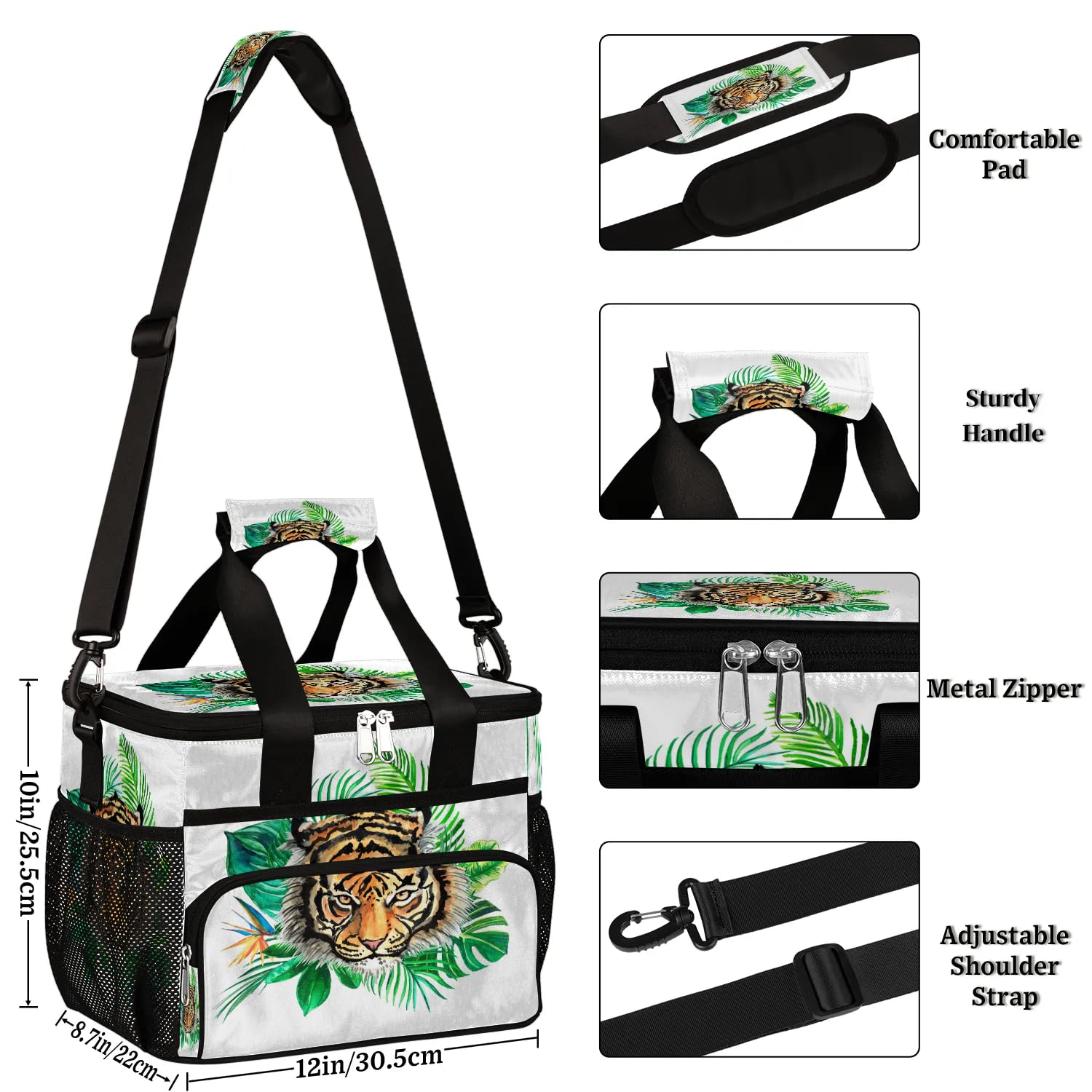 Große Lunchtasche mit tropischen Blättern, Tiger, für Erwachsene, Herren, Damen, Kinder, Mädchen, Jungen, isolierte Lunchbox, Kühltasche, Kühltasche, Kühltasche, Kühltasche, Kühltasche, für Arbeit,