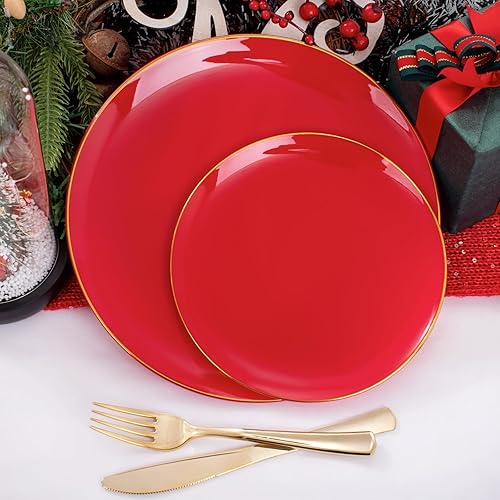 Miniatura 6 de PULOTE 100 platos rojos de plástico  Platos rojos resistentes para fiestas  Los platos desechables rojos incluyen 50 platos llanos rojos de 10.25