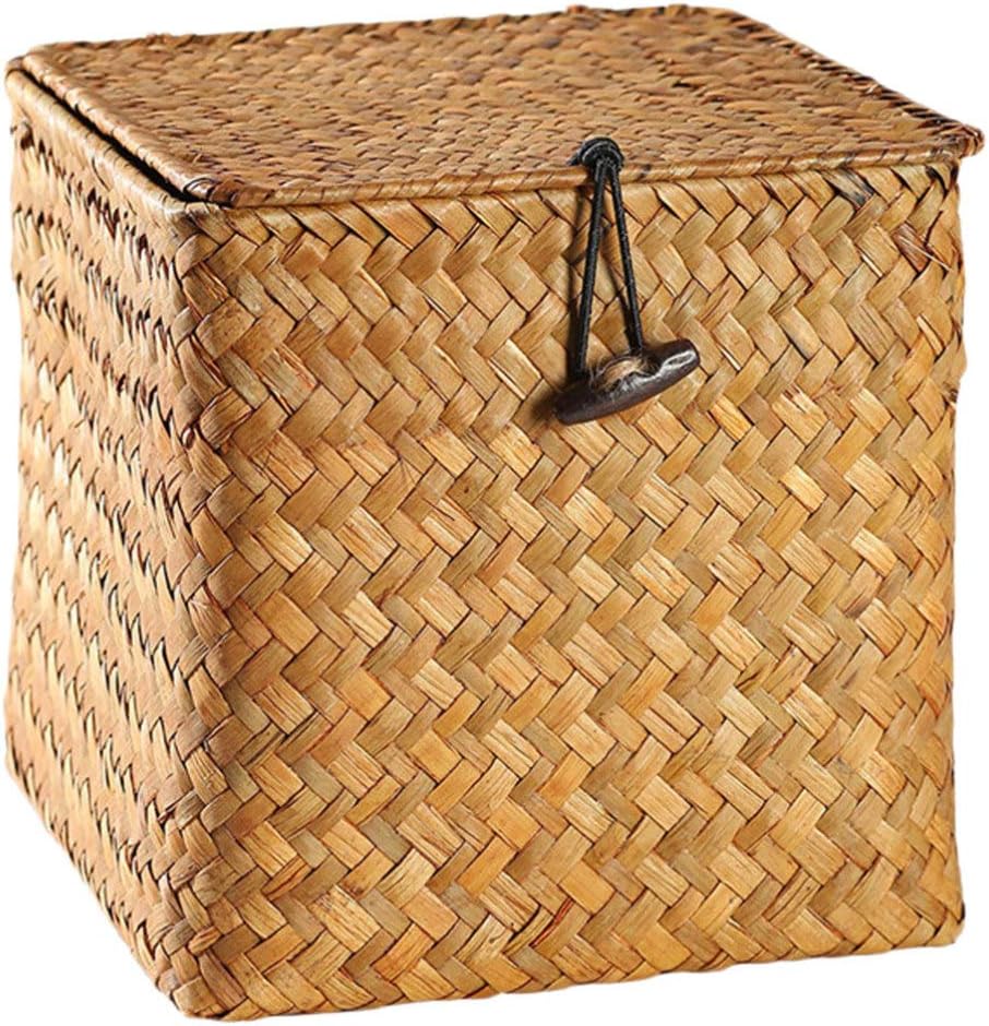 DOITOOLStraw Rattan Storage Basket with Lid Square Basket Storage Container Tea Storage Box with Lid Organiser Home Decoration (Medium)