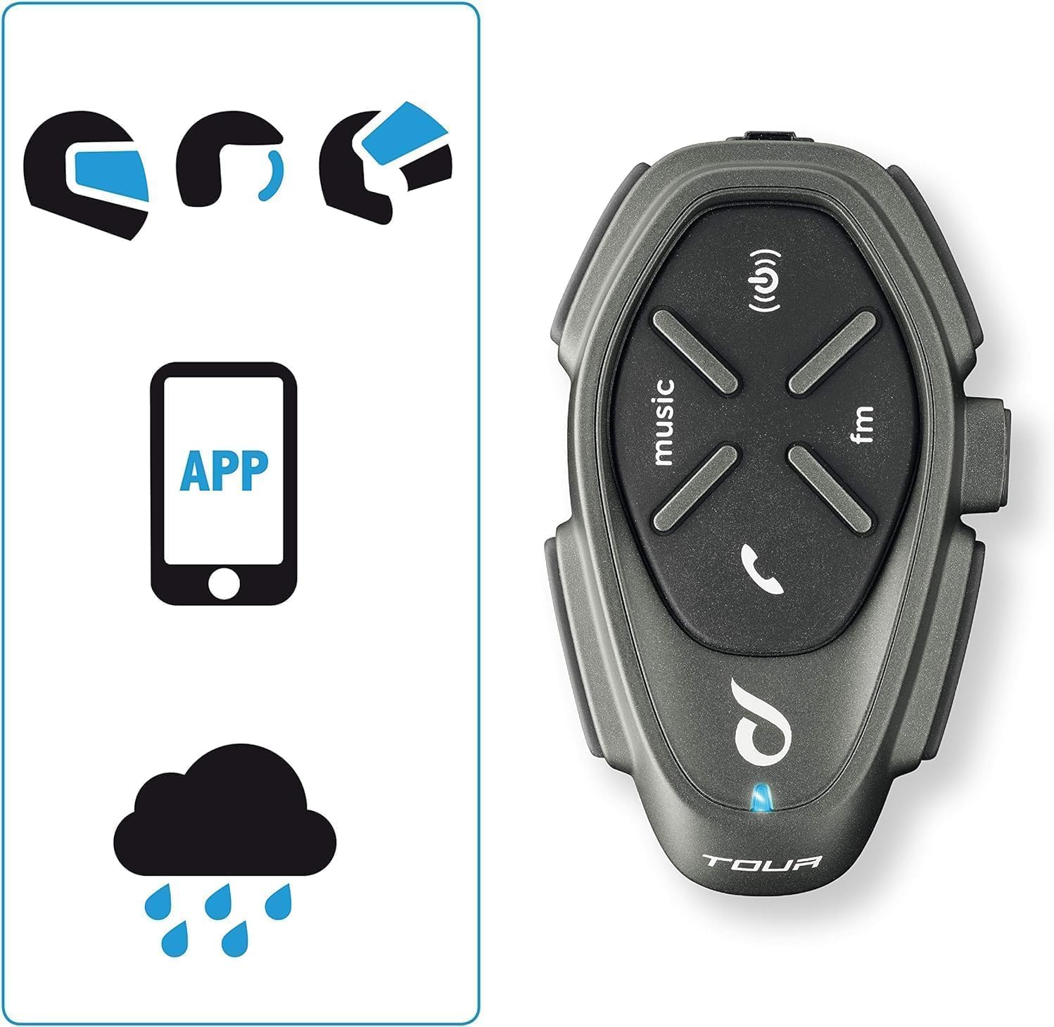 Interphone Tour showing compatibility with various helmets, app, and waterproof feature