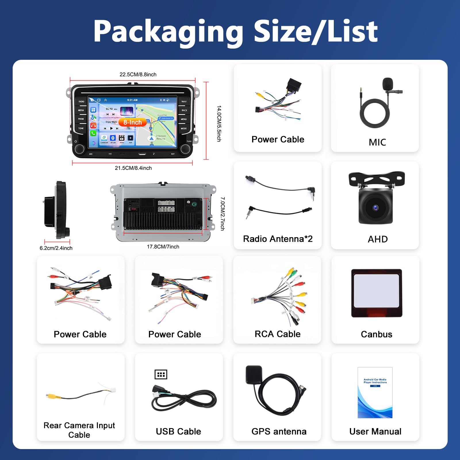 6+128G Motorsi Radio samochodowe do VW Golf 5 Tiguan Touran Passat Polo Skoda Caddy Seat z bezprzewodowym siedzeniem Carplay Android Auto 7" ekran dotykowy Navi/WiFi/FM/RDS/SWC/Canbus/Bluetooth/EQ+