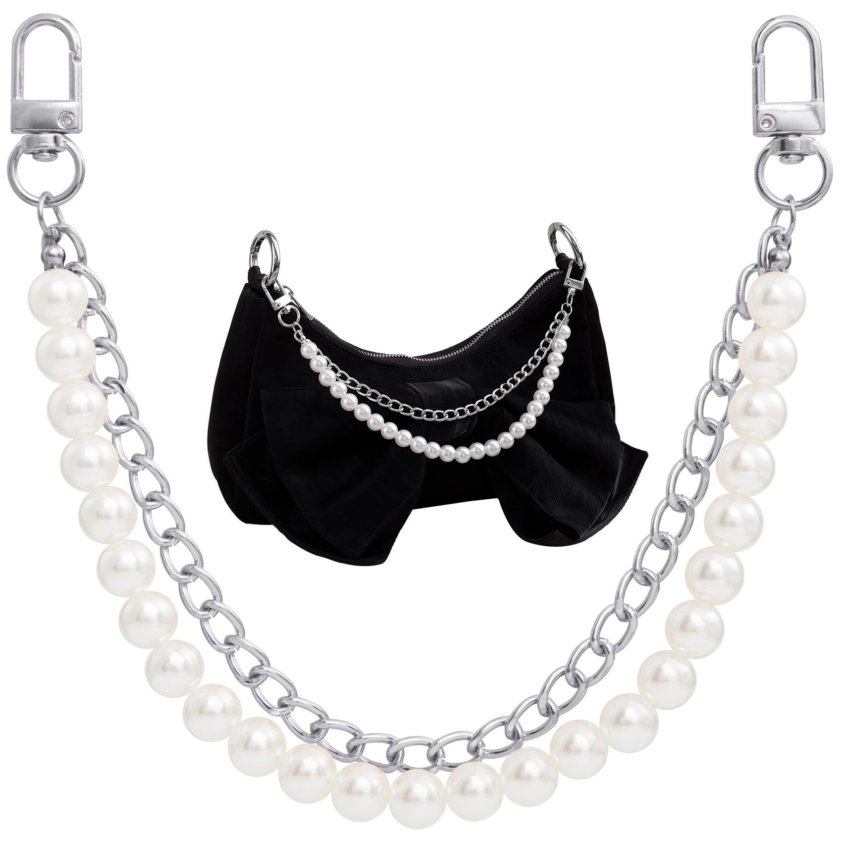 Mxxipp Pearl Purse Chains, Stainless Steel Double Chain Bag Charm, Bag Straps Short Handle Replacement Charms Accessories for Handbag Messenger Bags Wallets- Silver
