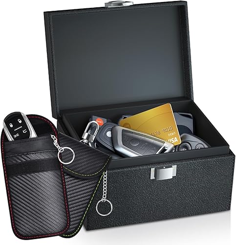 Faraday Key Fob Protector, Faraday Box for Car Keys with 2 Pack Faraday Bags, RFID Box for Car Keys, Car Key Signal Blocking Box Box for Car Security (Small)