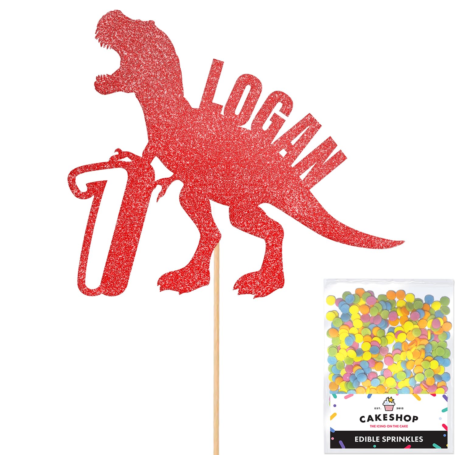 Personalised Birthday Dinosaur Glitter Cake Topper- Red Any Name & Age Glitter Cake Decoration and Sprinkles - Happy Birthday Decorations - Personalised Toppers for Cakes by Cakeshop