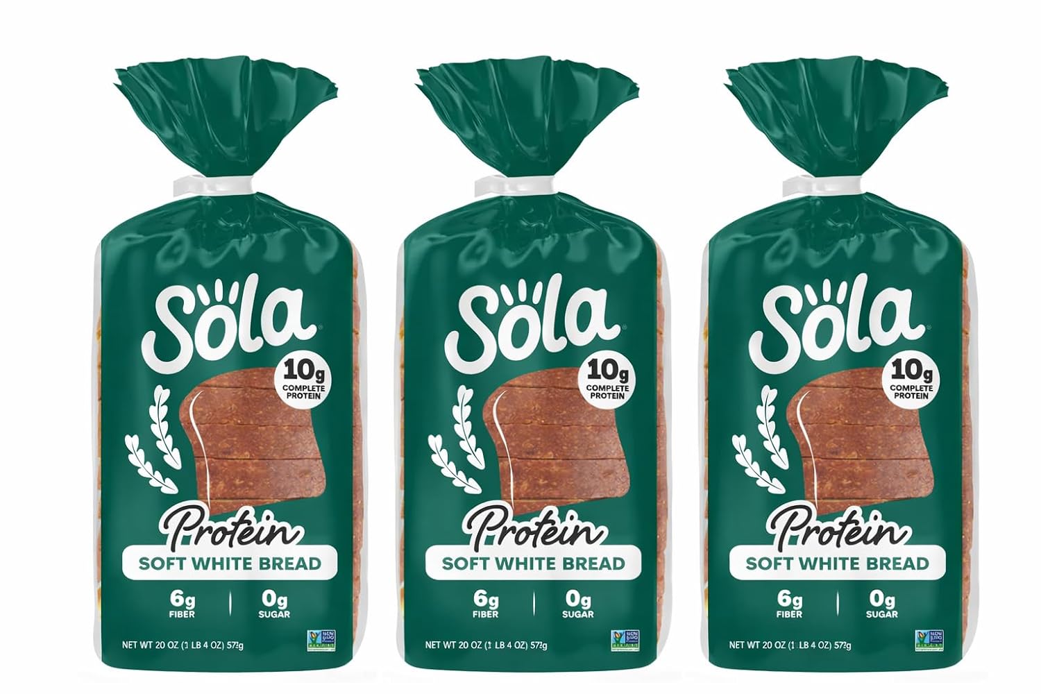 Sola Protein Bread Soft White, 20 oz (3 Pack) – Low Carb, High Protein (10g), Zero Sugar, Keto Friendly, Non-GMO Sandwich Bread