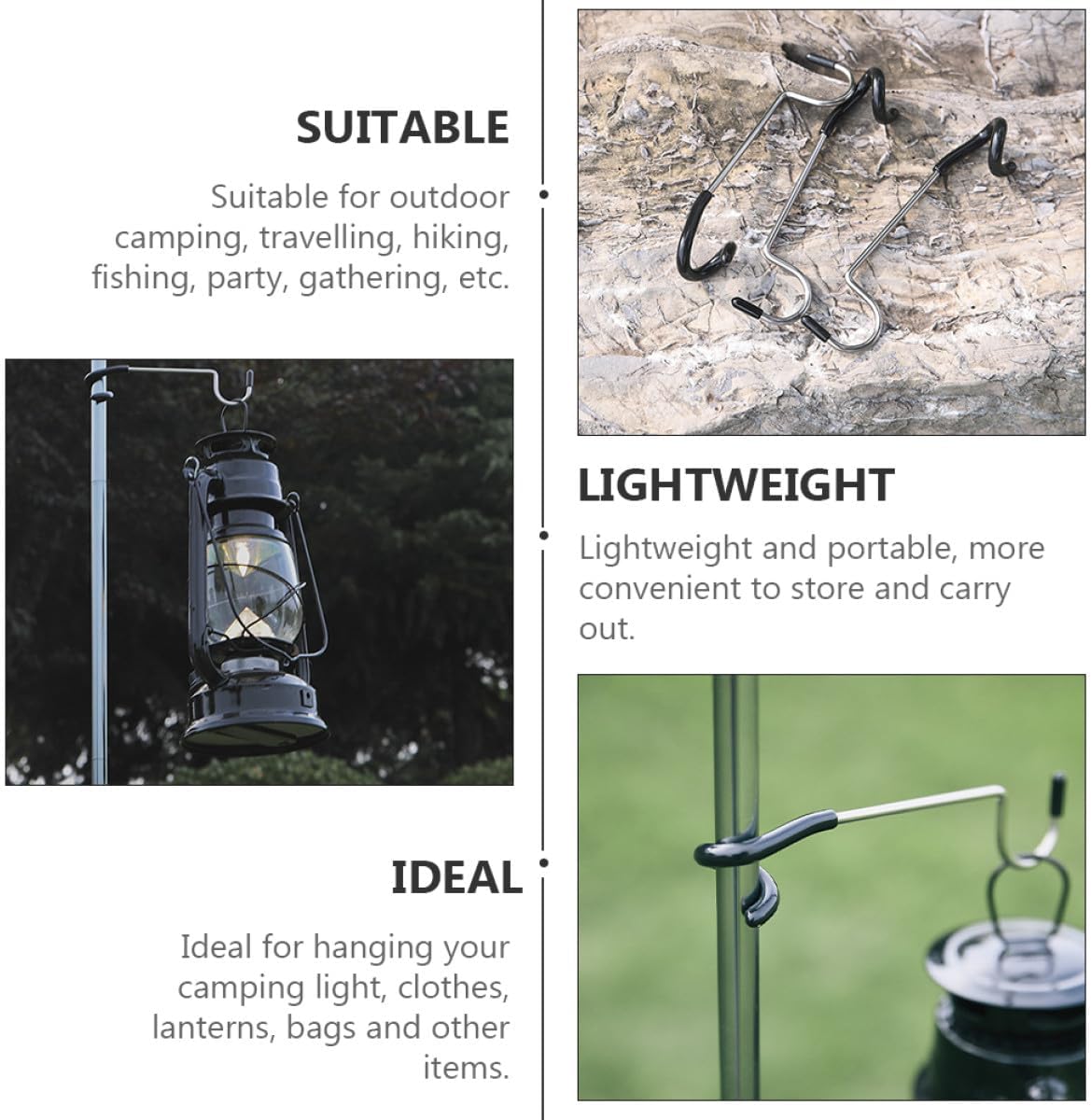 SECFOU Stainless Steel Camping Lantern Hooks 2pcs, Black Multipurpose Tent Light Hangers with Pig Tail Design for Outdoor Hiking and Camping Accessories