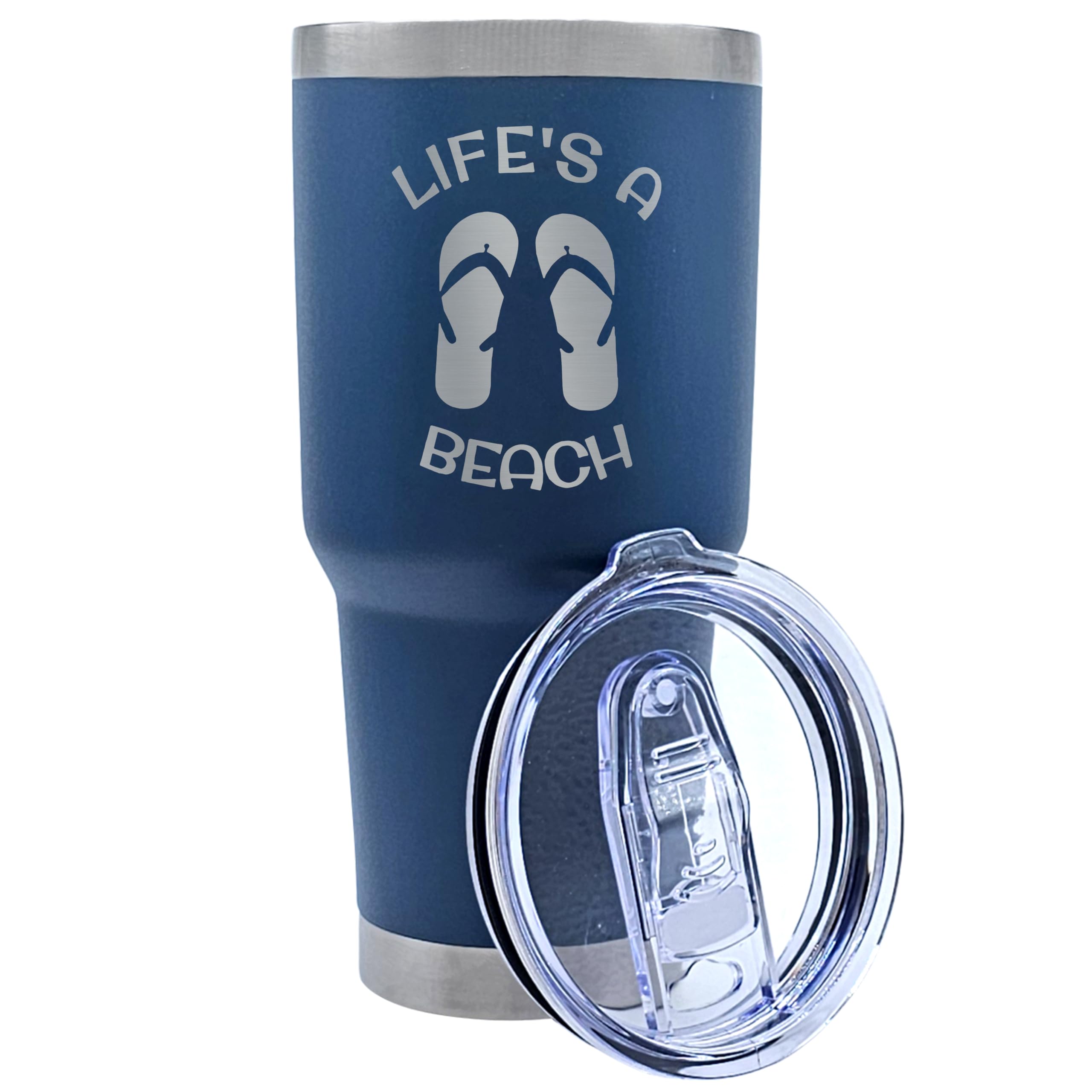 Palm City ProductsPremium 30 oz Life's A Beach Engraved Navy BlueTumbler with Slider Lid - Ideal Gift for Beach Lovers, Perfect for Keeping Drinks Cool by the Shore