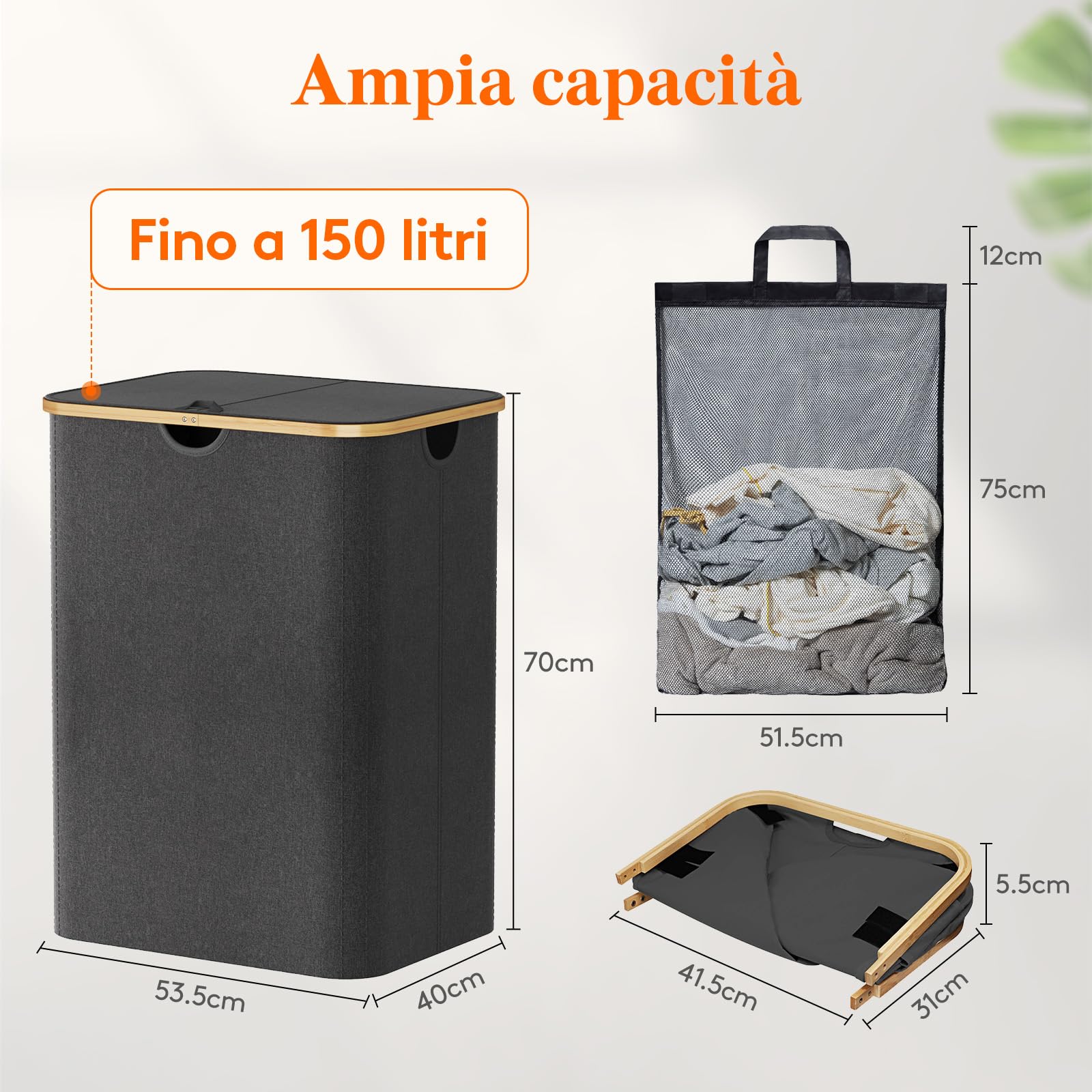 Lifewit 150L Cesto Portabiancheria 3 Scomparti, Cesta Biancheria Sporca con Manici Bambù, Cesto Panni Sporchi con 3 Sacco, Cesto Lavanderia, Porta Biancheria Sporca per Bagno, Grigio Scuro