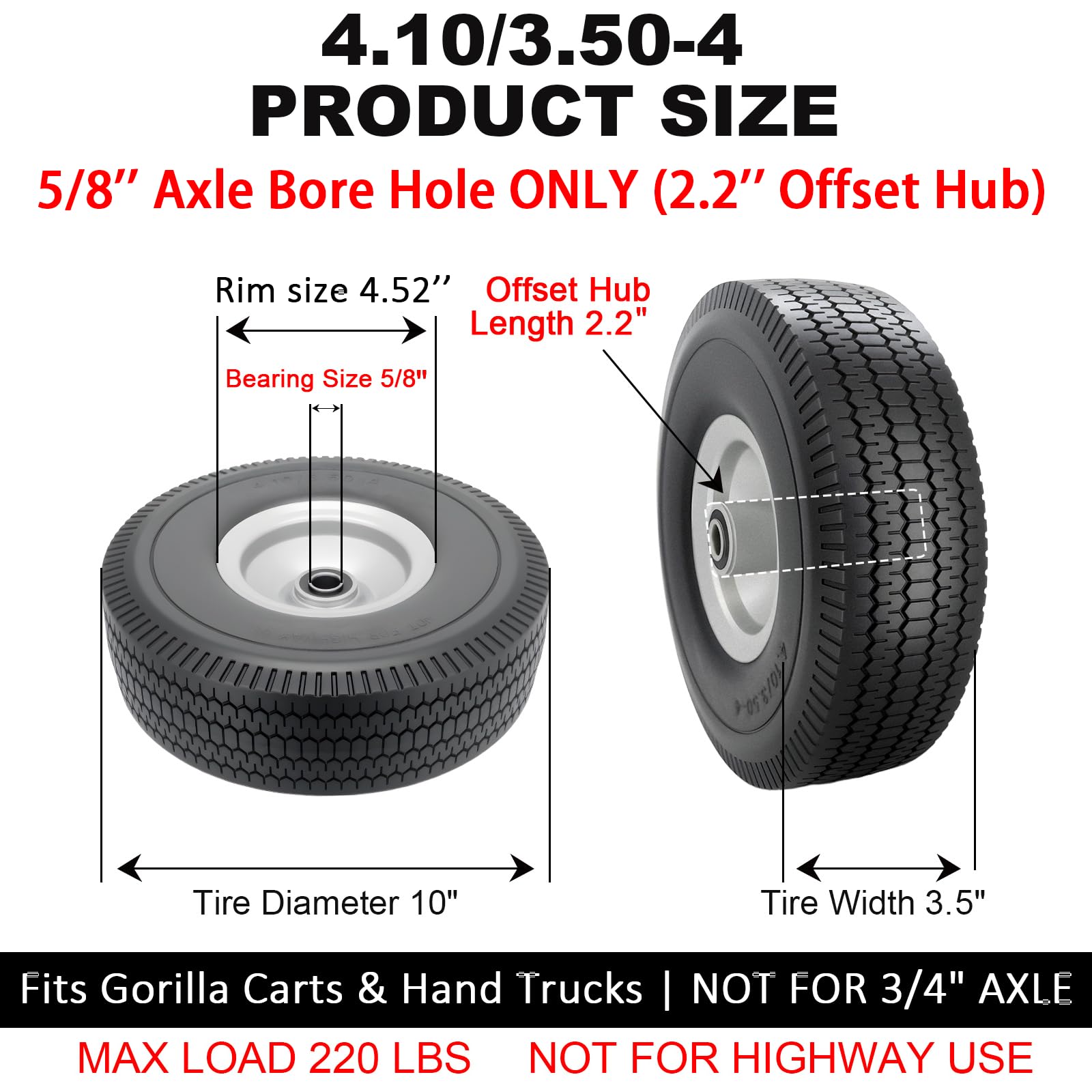 Ruota di ricambio per pneumatici senza piatta, in plastica nera, 10,4/8,5-10,2 cm, confezione da 2, per Gorilla Cart, carrelli a mano, carrelli, carriole
