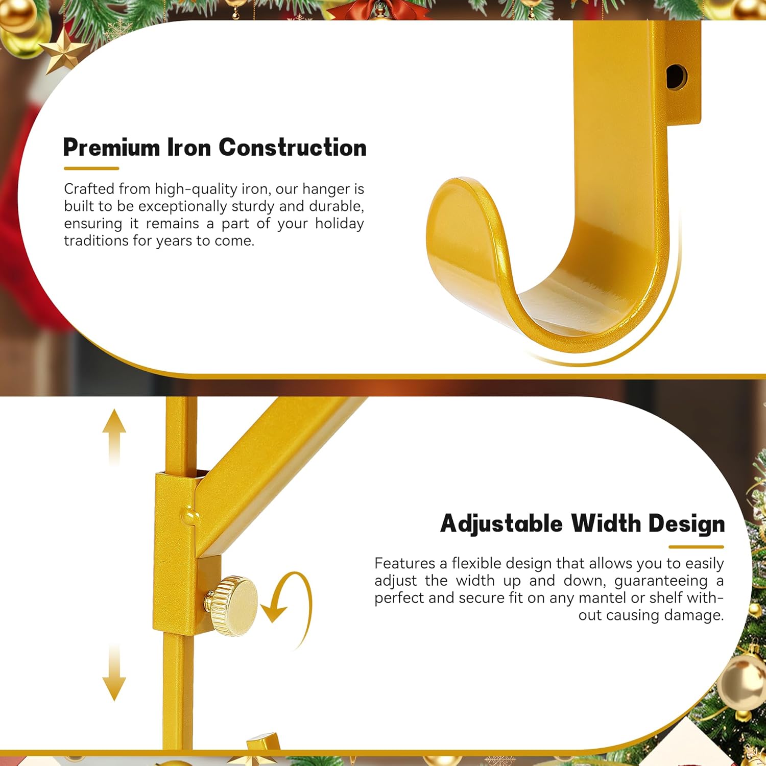 Fireplace Stocking and Garland Hanger, Garland Hanger for Door Frame, Adjustable Heavy Duty 2 in 1 Double Mantel Hangers, Holds up to 20 LBS(4-Pack)