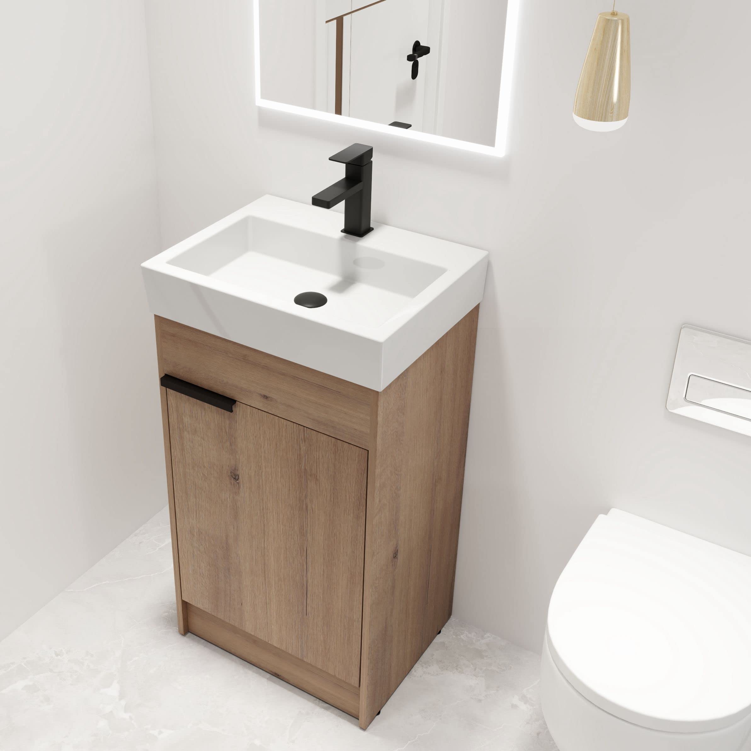 18 Inch Freestanding Bathroom Vanity with Sink, 18" Floor Standing Bathroom Vanity, Modern Vanity with 1 Door and White Ceramic Basin Sink Top (016-18) (sink basin not included)